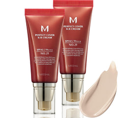 MISSHA M Perfect Cover BB Cream No21 lumière beige, texture légère pour une couvrance naturelle.