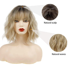 MISSQUEEN peluca rubia ombré ondulada de bob corto, brillo natural para eventos