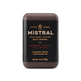Jabón Mistral Bourbon Vanilla: barra de jabón con aroma duradero para hombres.