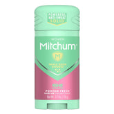 Desodorante Mitchum sólido, aroma polvo fresco en empaque, protección diaria.
