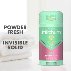 Desodorante Mitchum sólido, polvo fresco, textura sólida para sensación limpia.