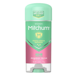 Mitchum para mujer, botella de desodorante gel transparente, aroma polvo fresco, uso diario.