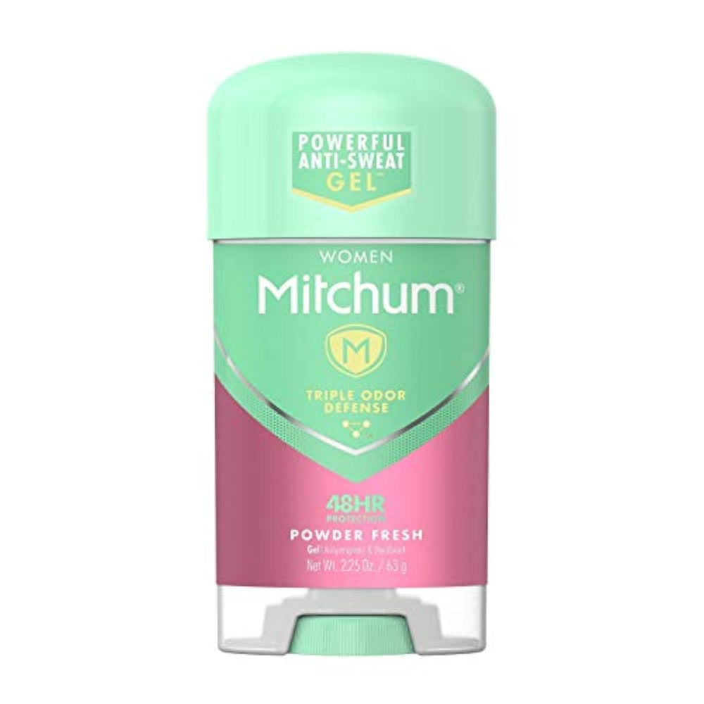 Desodorante Mitchum para mujeres, gel en botella, aroma Polvo Fresco, protección diaria.