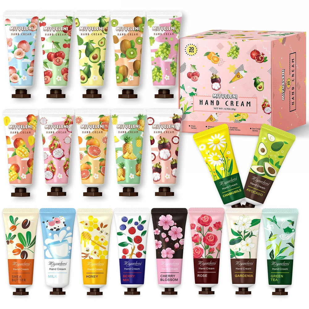 Set regalo Miyueleni con 20 cremas de mano y fragancias variadas.