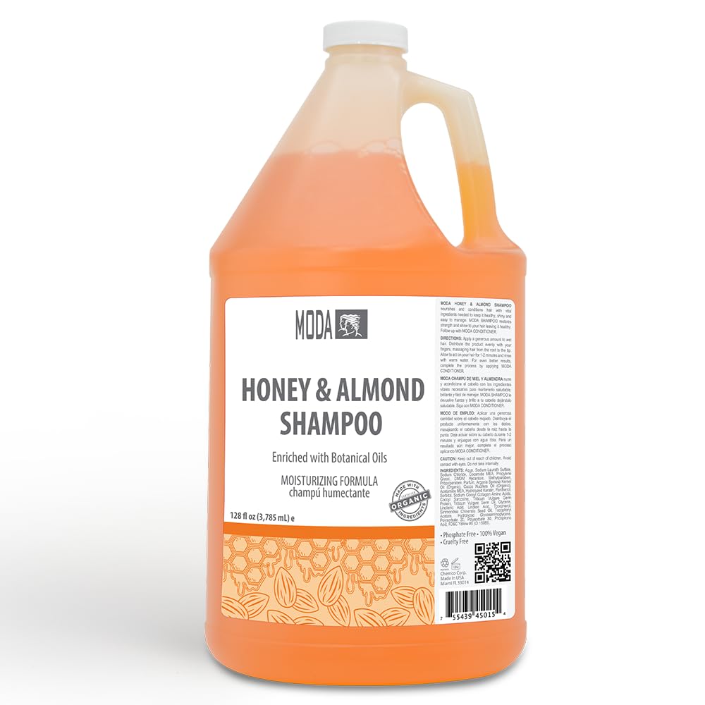 MODA Champú Miel Almendra, botella grande, ideal para limpieza profunda del cabello.