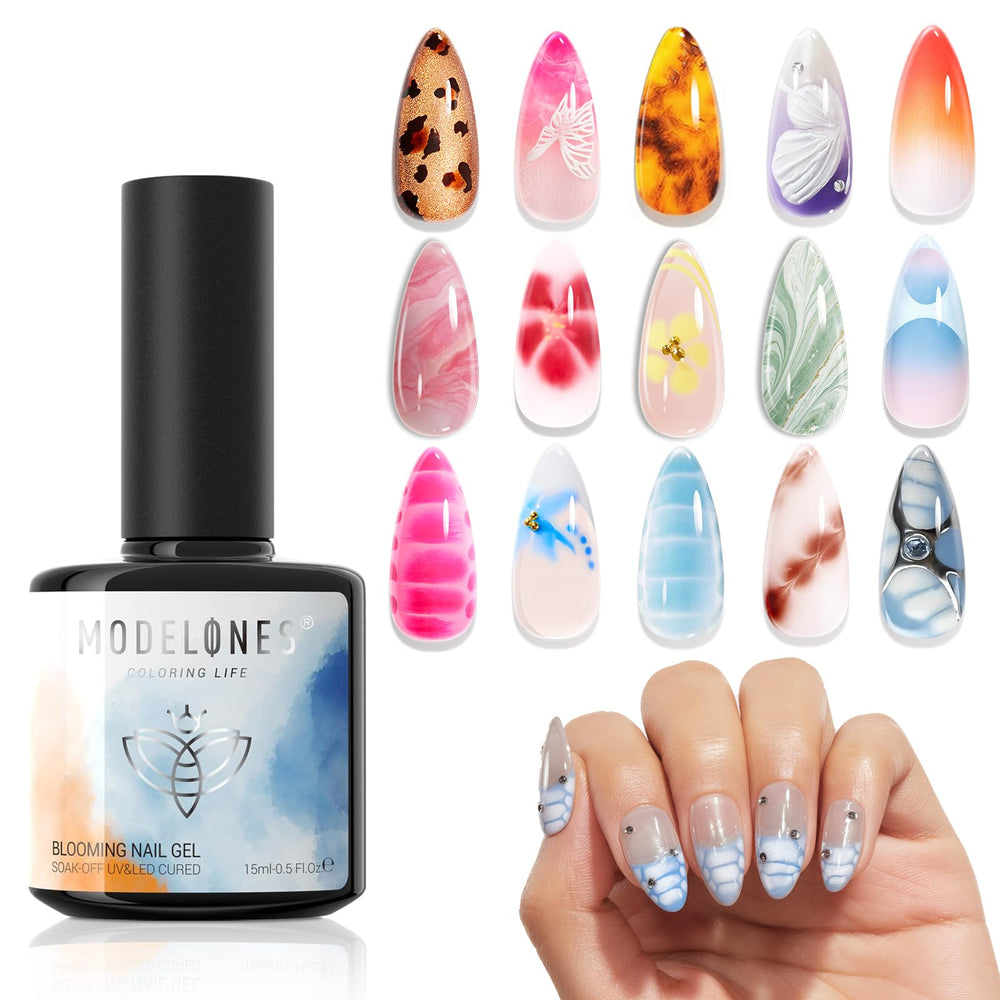 Modelones Blooming Gel: botella clara para crear efectos bloom en uñas.