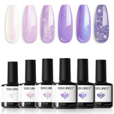 Modelones esmalte gel glitter morado, seis colores vibrantes para uñas.