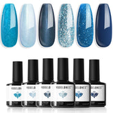 Modelones: conjunto esmalte gel con 6 tonos azules y brillo para uñas impactantes