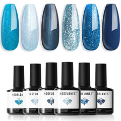 Modelones: conjunto esmalte gel con 6 tonos azules y brillo para uñas impactantes
