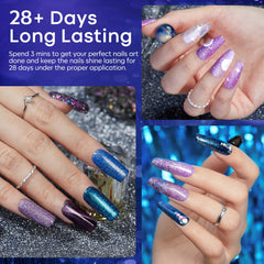 Modelones gel brillo arcoiris morado añade destellos iridiscentes para uñas radiantes.
