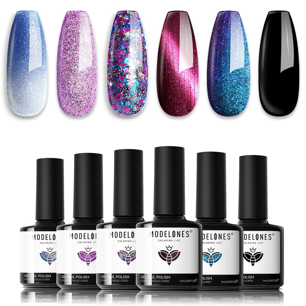 Modelones Glitter Azul cambia de color para manicura divertida en casa.