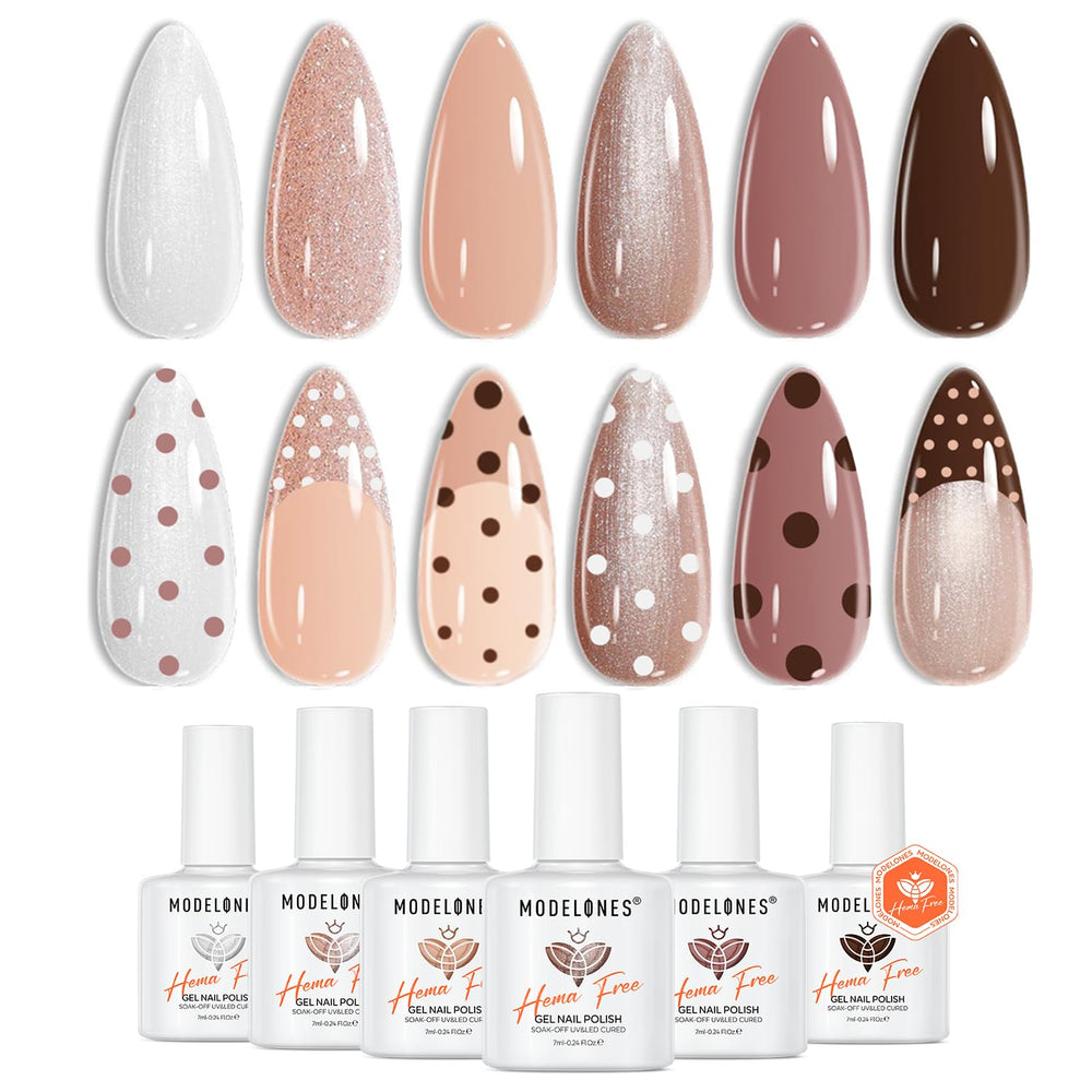 Modelones Hema Free Gel Nail Polish six nude shades for all skin tones.