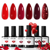 Modelones kit esmalte gel seis colores rojos para manicura en casa con acabado brillante.