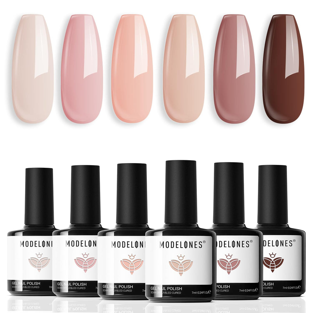 Modelones kit con 6 tonos nude pink para uñas duraderas en casa.