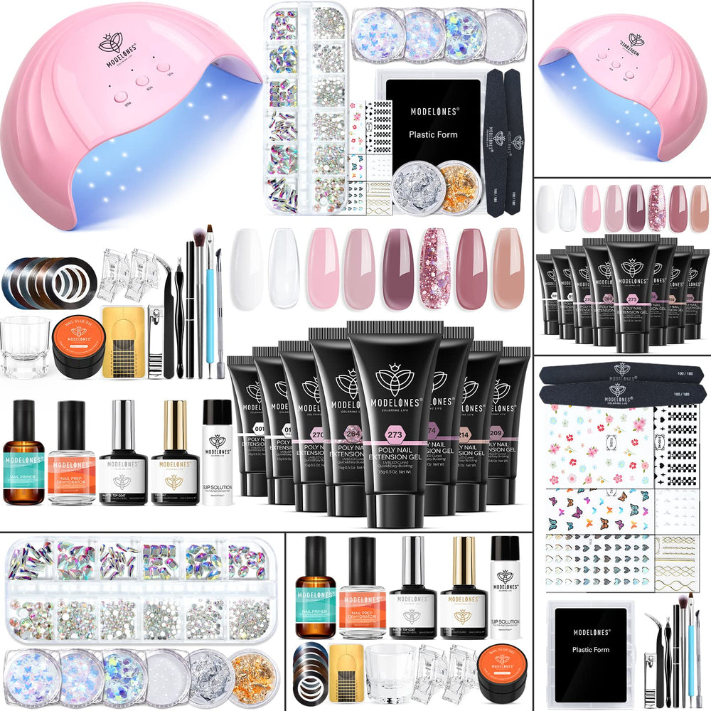 Modelones kit gel poligel con ocho colores rosados para uñas duraderas.