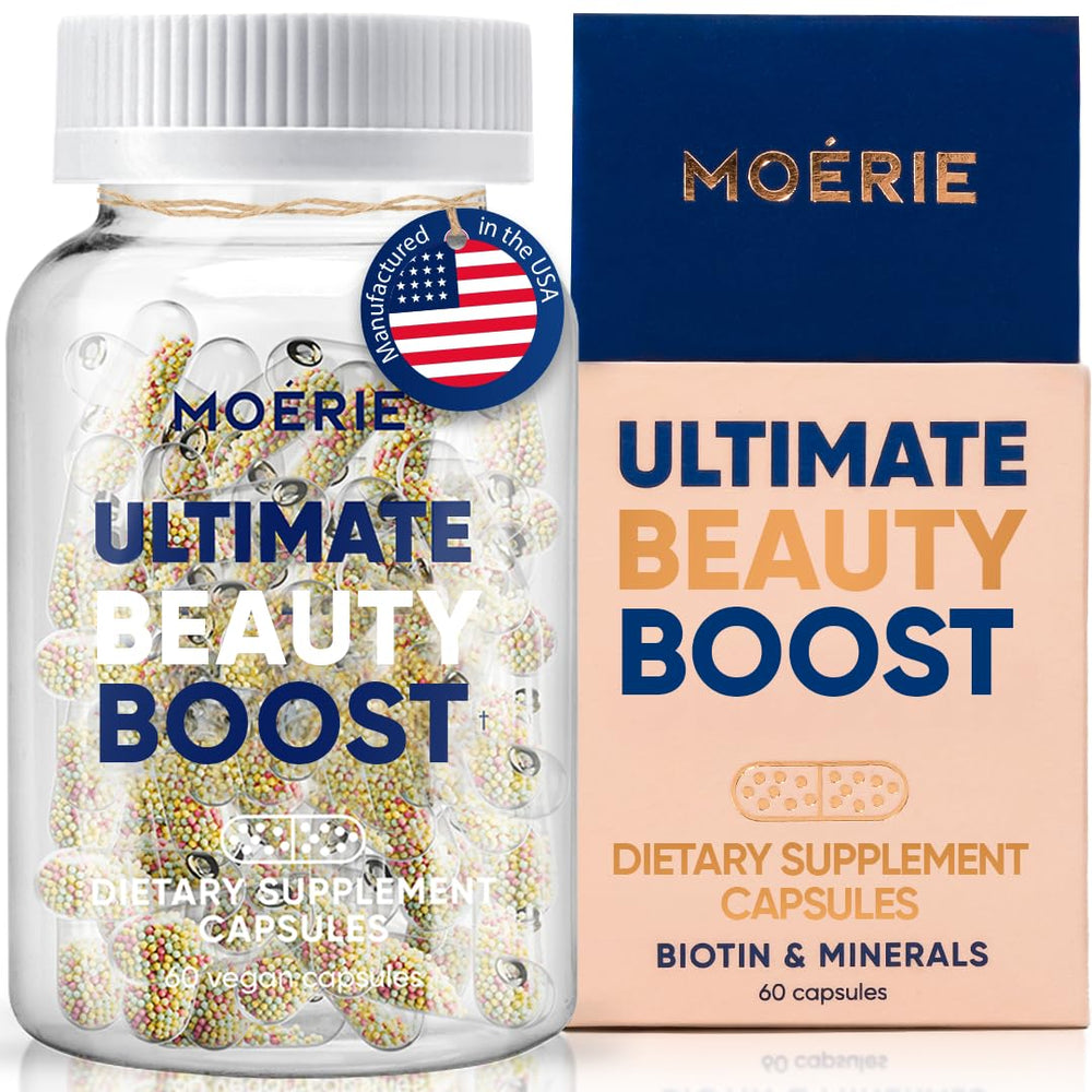 Moerie Potenciador Capilar, bote de cápsulas, apoyo diario para cabello y uñas saludables.
