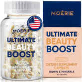 Moerie Potenciador Capilar, bote de cápsulas, apoyo diario para cabello y uñas saludables.