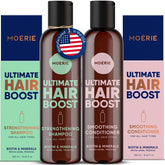 Shampoo Moerie siendo vertido: cuidado suave para cabello con volumen