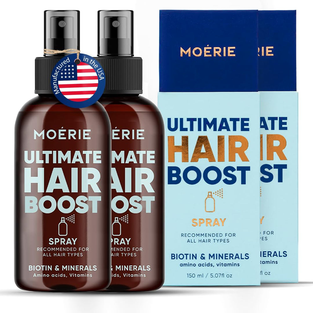 Moerie Ultimate Hair Boost Spray: aplicación en el cuero cabelludo para fortalecer desde la raíz.