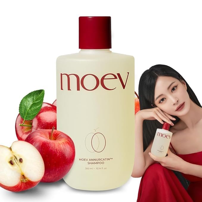 MOEV ANNURCATIN Shampoo bottle front view showcasing paraben-free formula for all hair types
