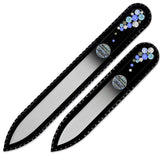 Lima de cristal Mont Bleu con vidrio templado y funda negra para uñas suaves.