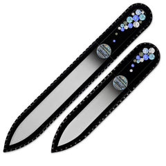 Lima de cristal Mont Bleu con vidrio templado y funda negra para uñas suaves.