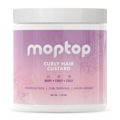 Botella MopTop Curly Hair Gel Custard lista para hidratar y definir rizos.