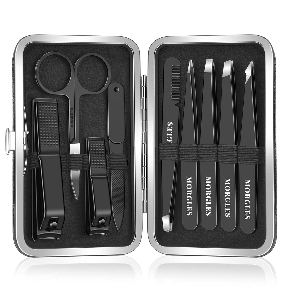 MORGLES set de pinzas y cortaúñas dentro de un estuche de cuero compacto, ideal para viajar.