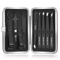 MORGLES set de pinzas y cortaúñas dentro de un estuche de cuero compacto, ideal para viajar.