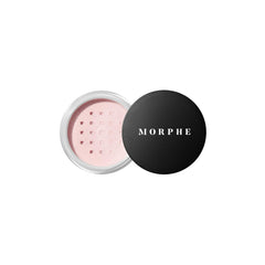 MORPHE Mini Bake & Set powder jar close-up highlights talc-free, lightweight finish.