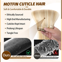 MOTFIN heat-styleable extensions up to 250°F for versatile looks.