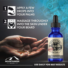 Mountaineer Brand Natural Beard Oil application hand image shows massaging for softness and shine.