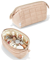 Ms. Pen bolso maquillaje acolchado beige, protección suave para cosméticos esenciales.