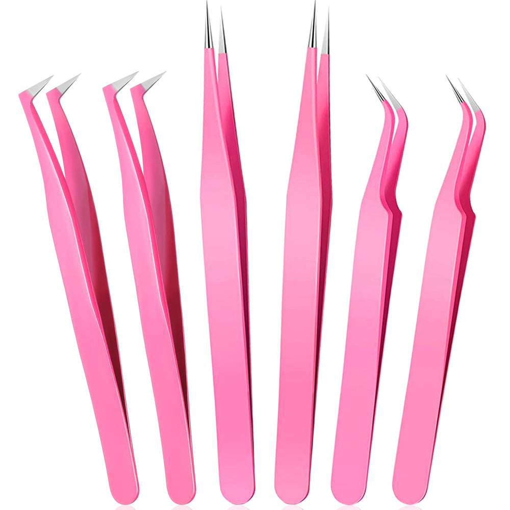 Pinzas rectas Mudder para pestañas, tono rosado, uso preciso en aplicación.