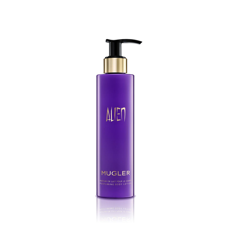 Texture-riche de MUGLER Alien Body Lotion sur la peau, hydratation enveloppante et parfum floral.