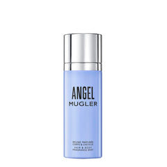 Frasco de Mugler Angel para perfumar cabello y cuerpo con ligereza.