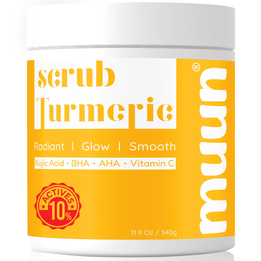 Muun Turmeric Scrub, botella frontal, exfoliación suave para el cuerpo