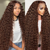 MXTQO 30 pulgadas, rizos profundos chocolate marrón, frente de encaje para look natural y volumen.