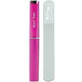 Lima de cristal Nail Tek mini 3 rosa con estuche, ideal para viaje.