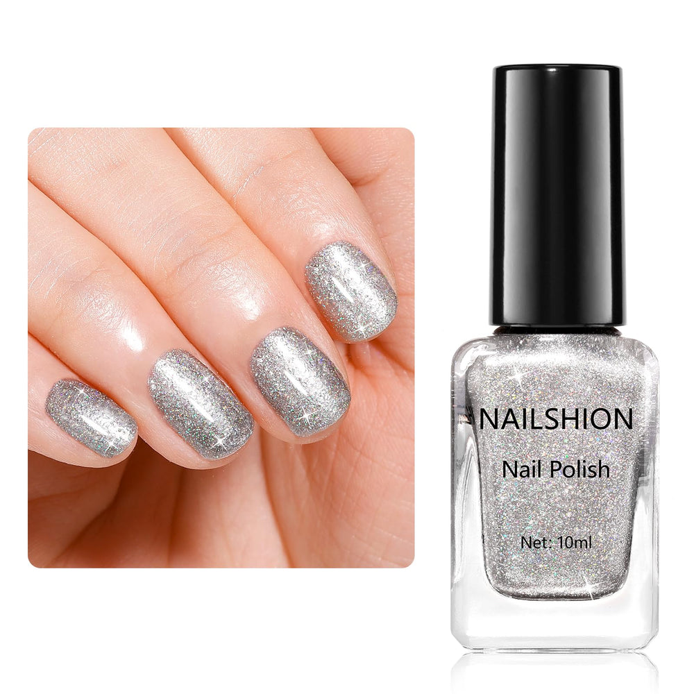 Nailshion esmalte plateado con purpurina, brillo duradero para uñas