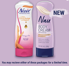 Nair loción quitapelo Vitamina E con textura cremosa para cuidado de la piel.