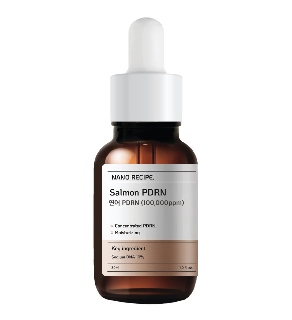 Nano Recipe Salmon PDRN Serum en botella con dosificador para uso diario en la piel