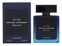 Narciso Rodriguez Bleu Noir, botella azul; fragancia versátil para uso diario.