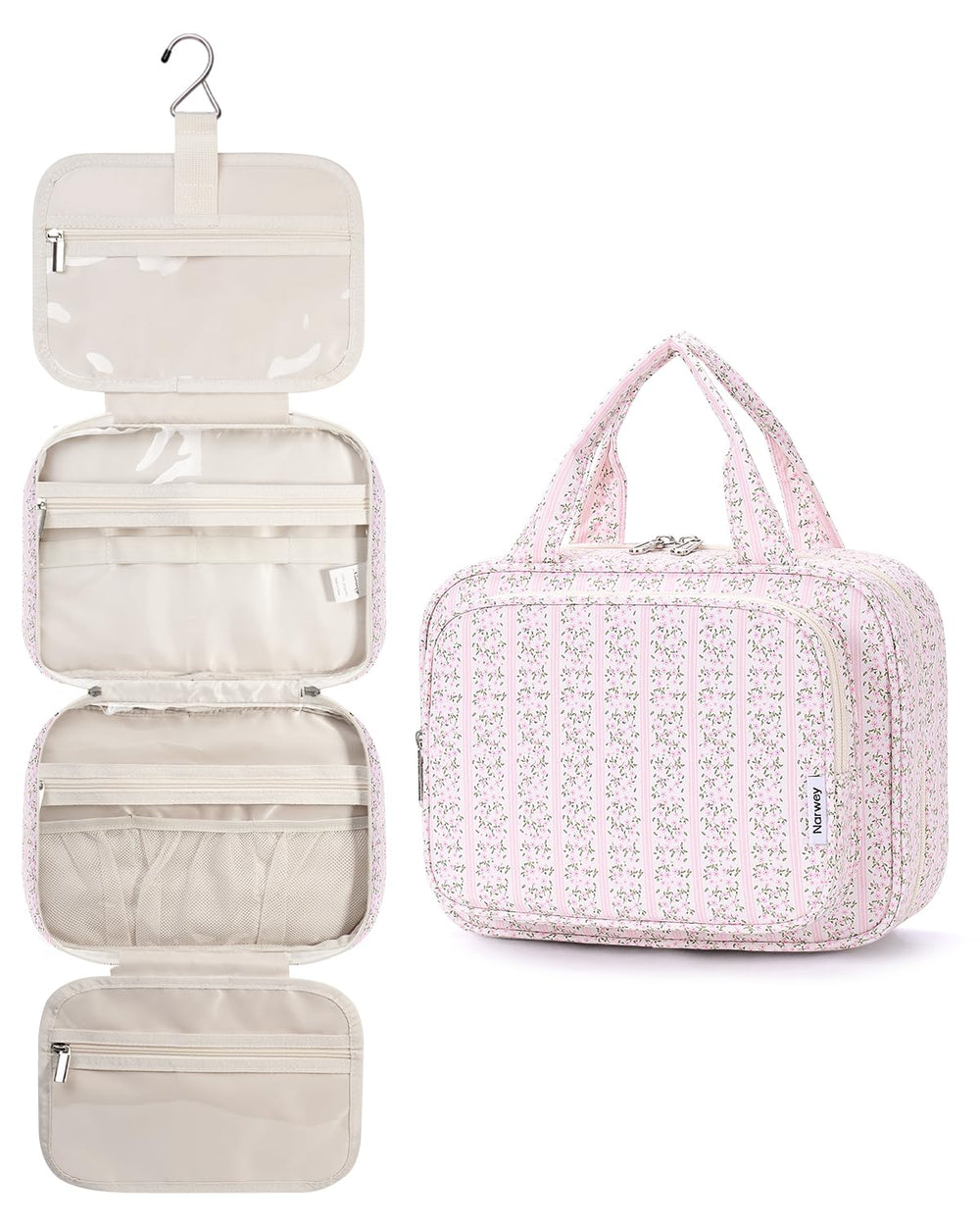 Narwey bolsa colgante de higiene con diseño rosa, ideal para mantener cosméticos ordenados en viajes.