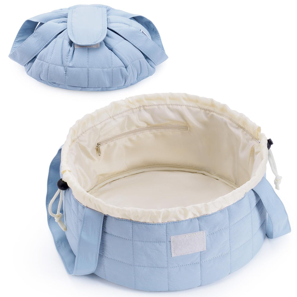 Narwey bolsa maquillaje acolchada barril azul para viaje organizado.