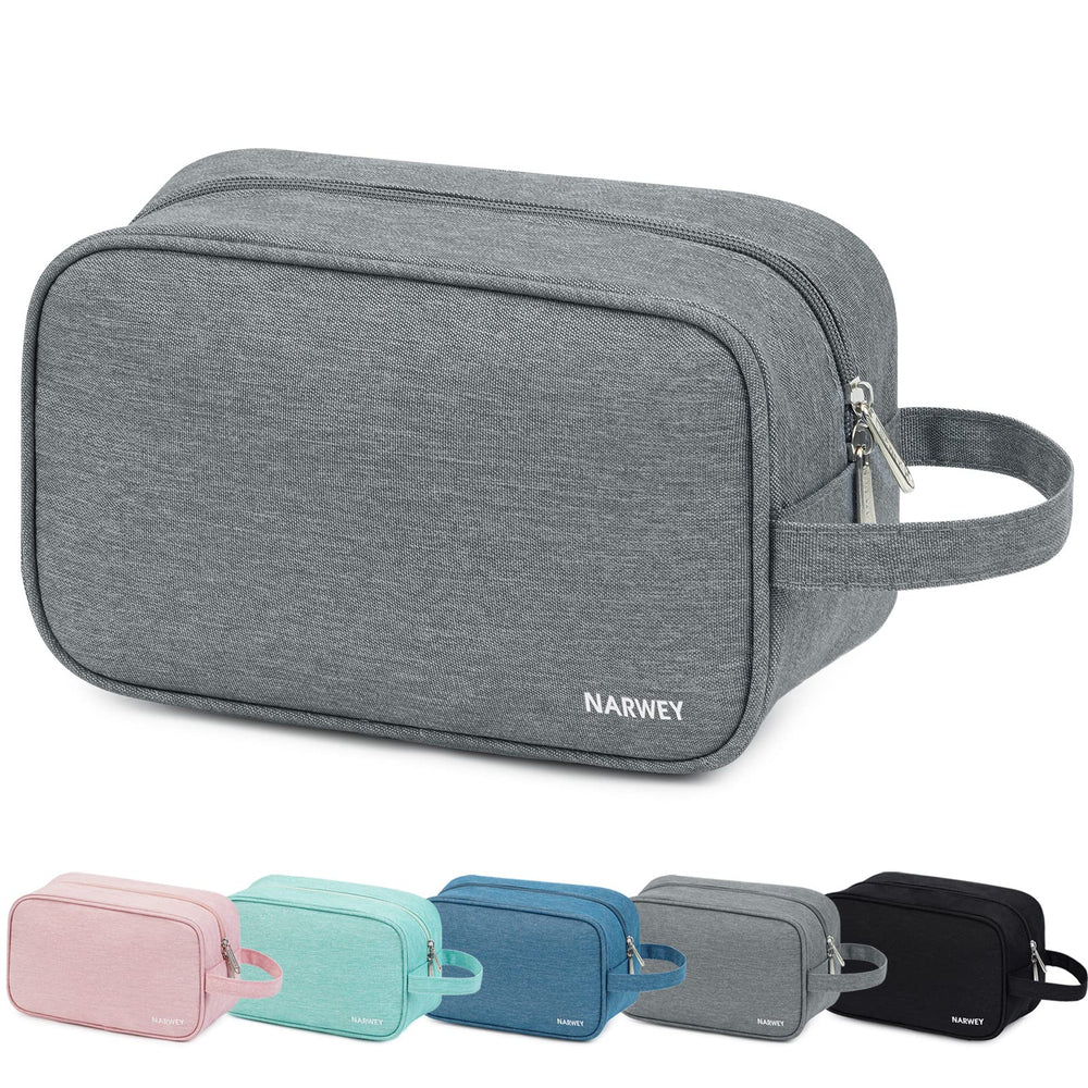 Narwey neceser de viaje gris, vista frontal, gran capacidad para productos de cuidado
