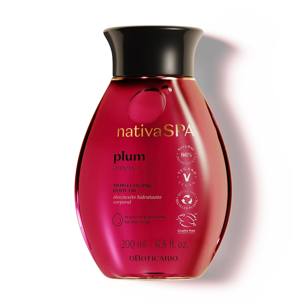 Nativa Spa Plum Oil : bouteille élégante prête pour une hydratation durable.