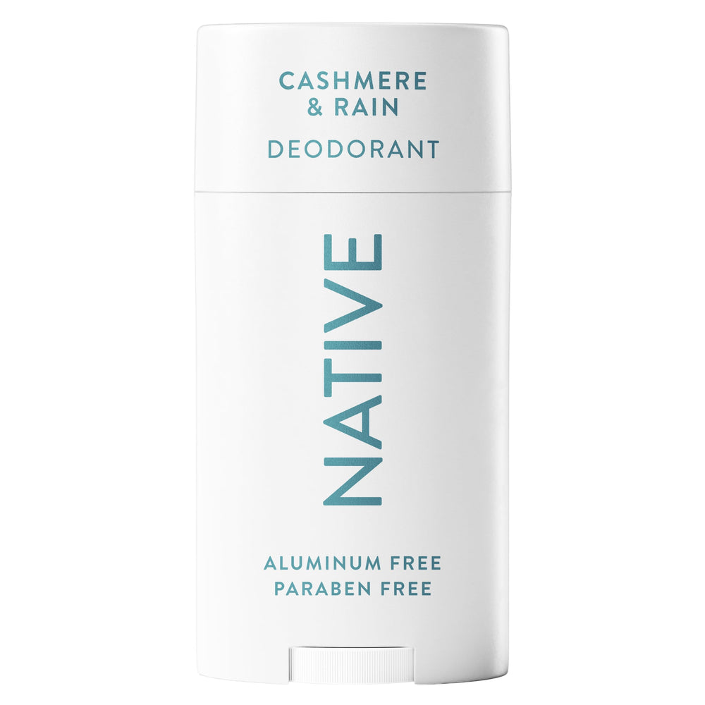 Native Cashmere & Rain deodorant bottle shows a clean, aluminum-free formula for long-lasting freshness.