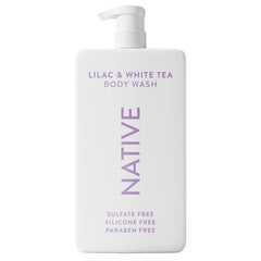 Native gel ducha sin sulfatos, botella vertiendo, limpieza suave para la piel.
