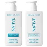 Native Ocean & Timber champú botella, aroma marino y madera para cabello limpio.